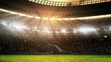 Photo of a professional soccer stadium while the sun shines. Stadium and crowd are made in 3D